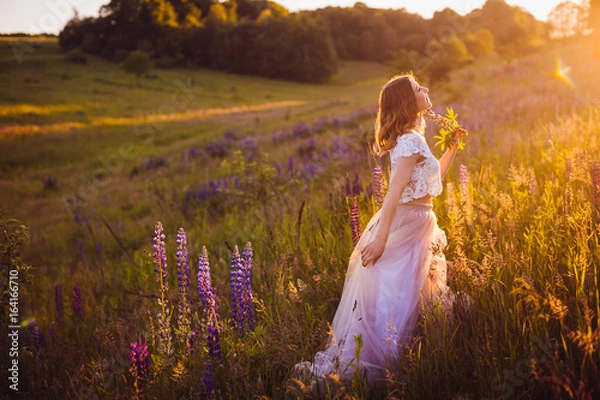 Obraz Stunning woman in bright dress walks across the field in the rays of sunset