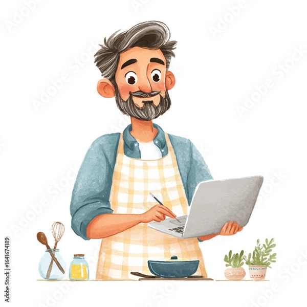 Fototapeta Watercolor Chef with Laptop and Cooking Supplies Smiling and Focused