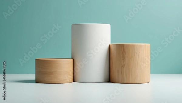 Fototapeta Three cylindrical pedestals in varying heights against a blue green backdrop