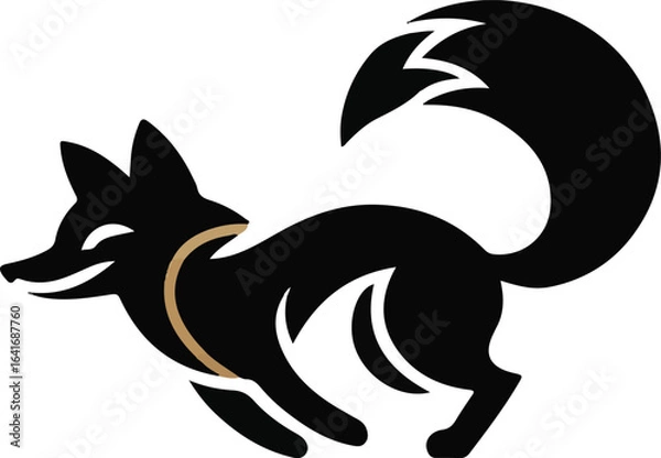 Fototapeta Stylized Black Fox with Gold Collar and Bushy Tail vector illustration