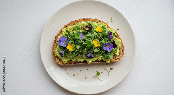 Fototapeta Overhead Vegan Avocado Toast with Microgreens and Edible Flowers