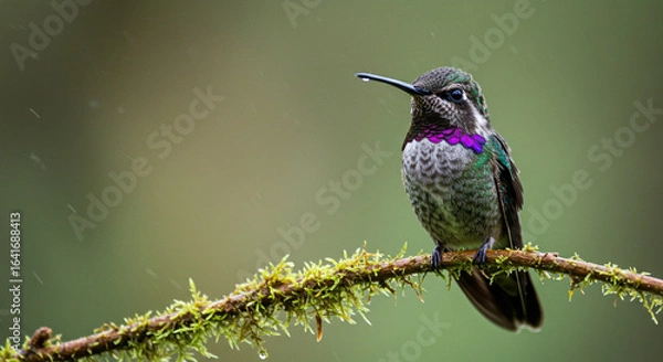Fototapeta Macro Close-Up of Dew-Covered Tropical Bird in Rainforest