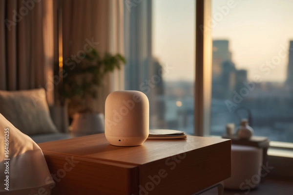 Obraz Modern Smart Speaker on Hotel Nightstand at Sunset