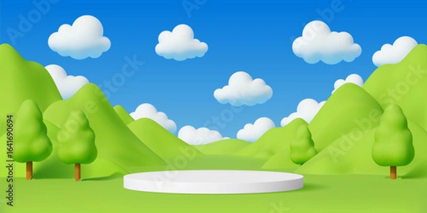 Fototapeta Kids podium stage with green grass, forest trees and blue sky landscape. Vector playful 3d cartoon fantasy environment background with hills, fluffy clouds and white circular platform, sunny scene