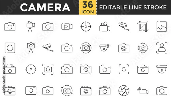 Obraz Camera Line Icon Set. Pixel perfect and Outline Editable Stroke Icons collection for Camera, Digital, Influencer, Movie, Photo, Photography, Picture, Security Camera, Social Media, Television, Video, 