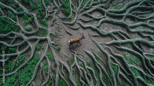 Obraz A powerful close-up of a large tree's intricate root system, a testament to the tree's strength and resilience.