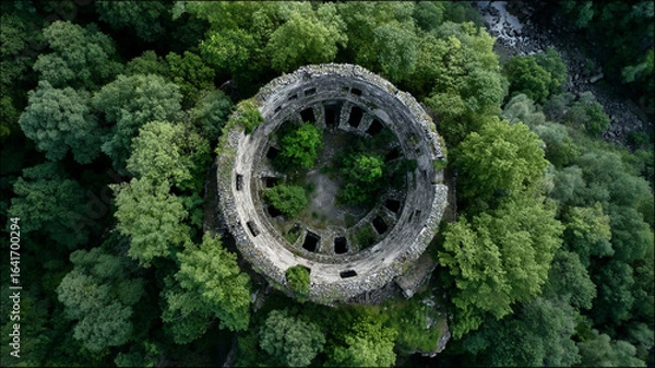 Fototapeta An old building stands isolated in the middle of a dense forest, creating a mysterious and captivating scene.
