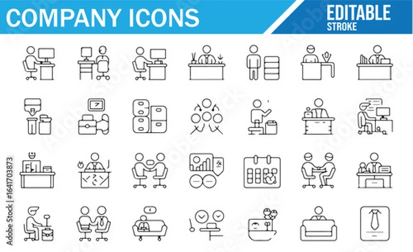 Obraz Editable vector icons for office work, business tasks, and corporate environments.