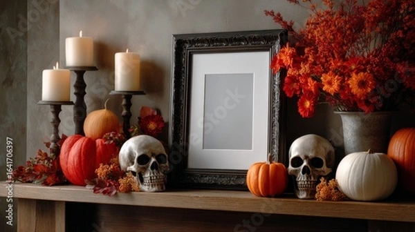 Fototapeta Decorative Rustic Mantel with Empty Photo Frame and Autumnal Décor Featuring Skulls and Pumpkins