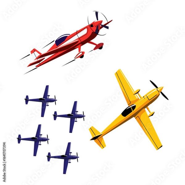 Fototapeta A collection of planes: a red aerobatic plane, a yellow propeller plane, and a formation of four blue planes. Dynamic vector illustration for aviation themes.