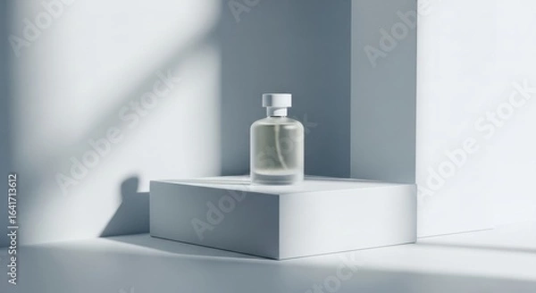 Fototapeta An architectural display with a frosted glass cosmetic bottle on a white pedestal, for a luxury brand presentation.