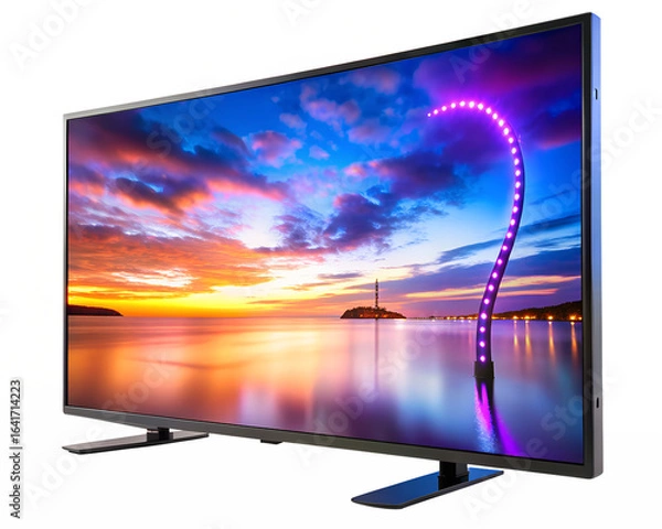 Fototapeta Modern television screen displaying a vibrant sunset landscape with purple light accent isolated on transparent background