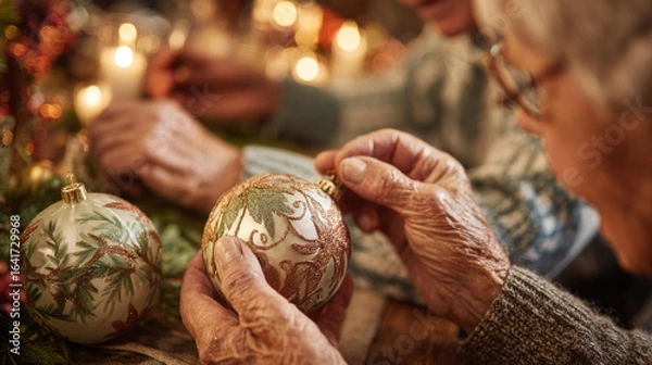 Fototapeta Close-up of senior hands holding a vintage Christmas bauble, with soft lighting and blurred background. A warm scene of holiday preparation