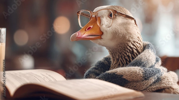 Fototapeta Anthropomorphic goose dressed in knitwear and glasses poses like a human in a restaurant, creating a humorous and surreal scene