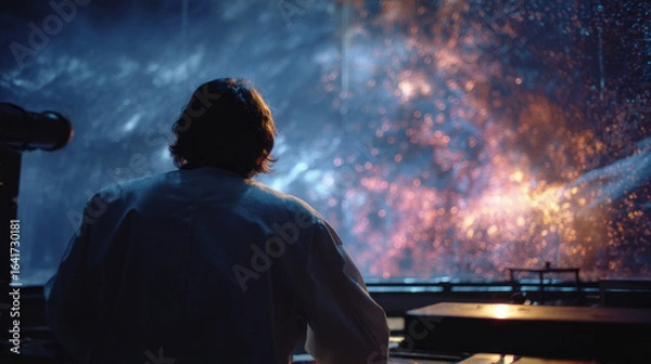 Fototapeta A scientist in a white lab coat observes a glowing cosmic phenomenon through a large window, evoking themes of discovery and futuristic exploration