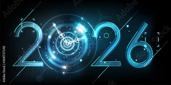 Fototapeta Happy New Year 2026 celebration with white light abstract clock on futuristic technology background, countdown concept, Can rotate clock hands, vector illustration