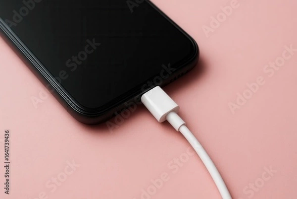 Fototapeta A Smartphone at Rest with a White Charging Cable