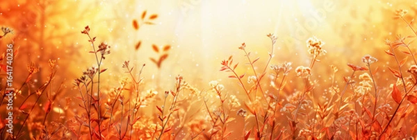 Fototapeta Autumn Foliage, Vibrant Yellow and Red Leaves Against a Blurred Background in Warm Sunlight