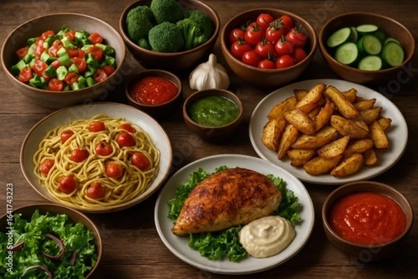 Fototapeta A delicious meal of pasta, salad, chicken, potatoes, and vegetables is laid out on a wooden table