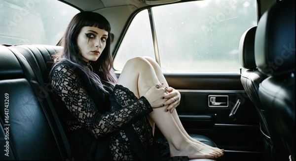 Fototapeta Melancholic goth girl with dark makeup and rings sits in the back seat of a vintage car, embracing her knees and exuding an air of mystery and introspection .