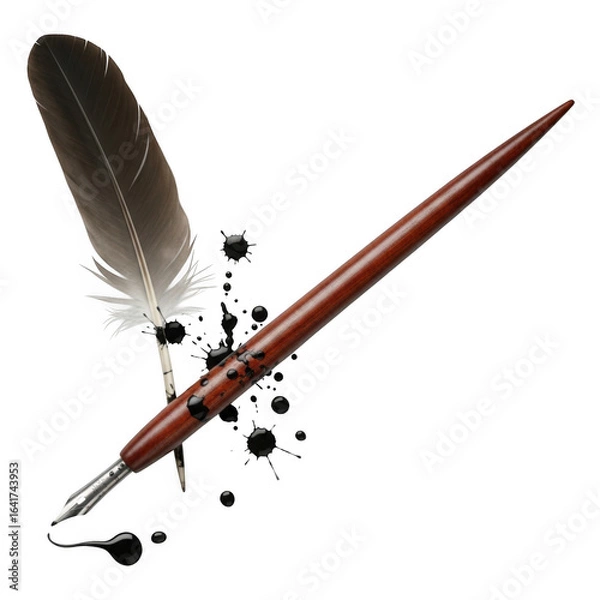Fototapeta Illustration of antique quill pen with ink spills isolated on transparent background