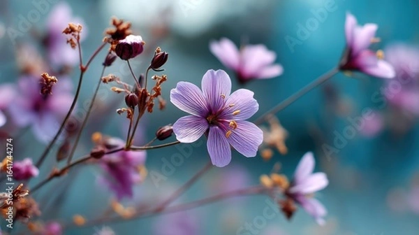 Fototapeta Delicate Purple Flower on Branch with Soft Bokeh Background