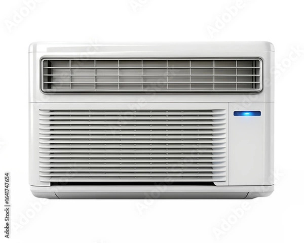 Fototapeta White modern window air conditioner unit with horizontal grille and blue indicator light, isolated on transparent background