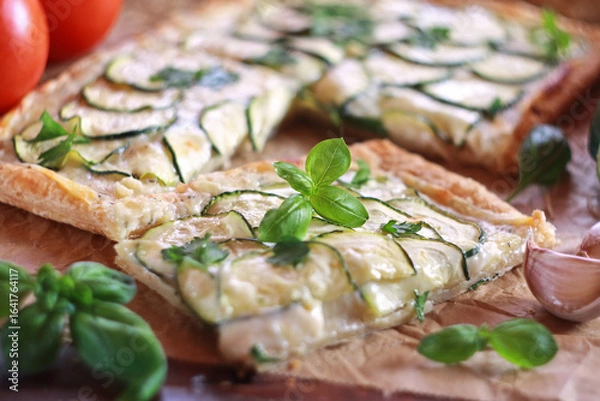 Obraz Zucchini puff pastry tart with mozzarella and cream cheese
