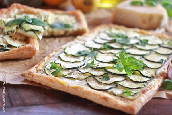Obraz Zucchini puff pastry tart with mozzarella and cream cheese
