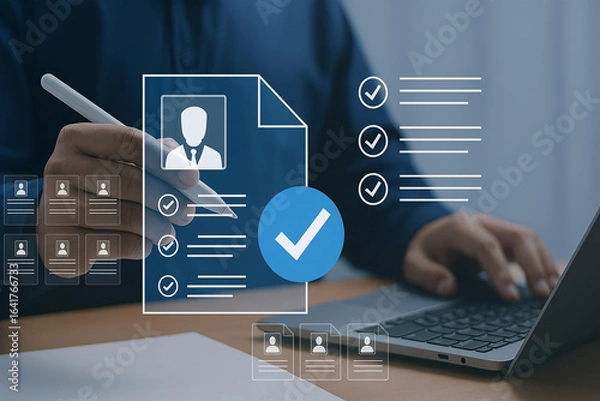 Fototapeta HR manager reviewing a candidate's online resume and approving the application. Concept of recruitment, talent acquisition, and digital hiring process.