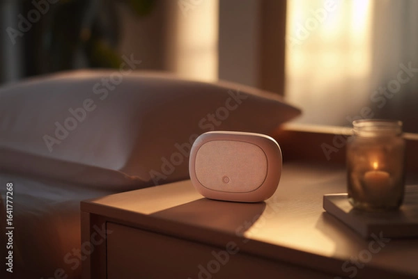 Obraz White Noise Machine on Bedside Table in Cozy Hotel Room at Sunset