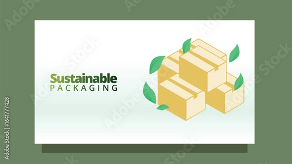 Fototapeta sustainable packaging concept. cardboard packaging and leafs for degradable materials concept. modern clean style screen size template for web or presentation vector illustration