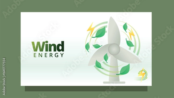 Fototapeta wind energy concept. wind mill with leafs. modern clean style screen size template for web or presentation vector illustration