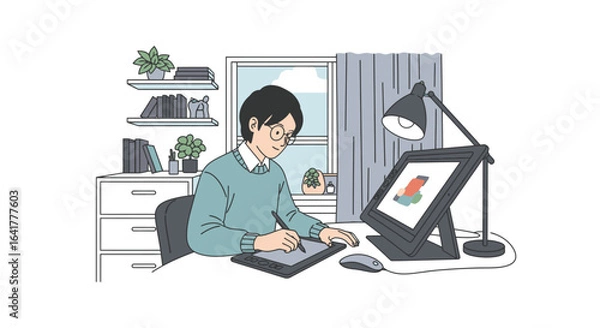 Fototapeta Creative Digital Artist Focused on Graphic Design Using Drawing Tablet in Cozy Home Office Setting, Perfect for Showcasing Modern Remote Work, Creativity, and Digital Art Tools in a Bright Environment