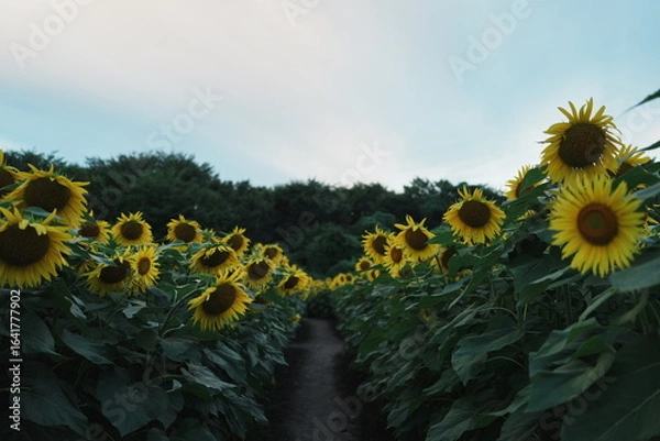 Obraz 夕暮れのひまわり畑と小道