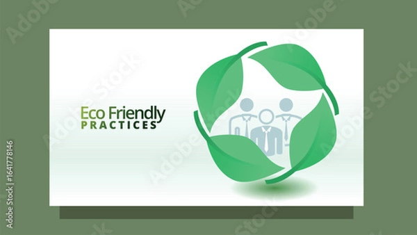 Fototapeta eco friendly practices concept. businessman icon isnide green leafs. modern clean style screen size template for web or presentation vector illustration