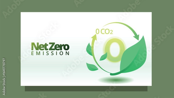 Fototapeta net zero emission concept. zero carbon with grean leaf. modern clean style screen size template for web or presentation vector illustration