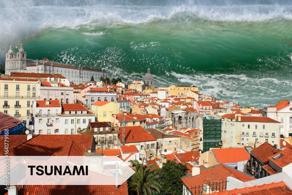 Fototapeta Giant tidal wave or tsunami about to crash Coastal Threat Concept