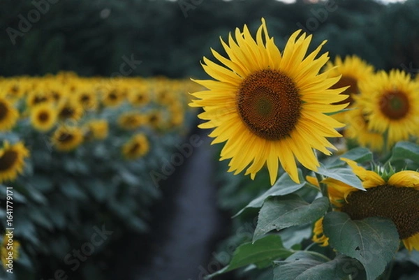 Obraz ひまわり畑の小道と一輪の花のアップ