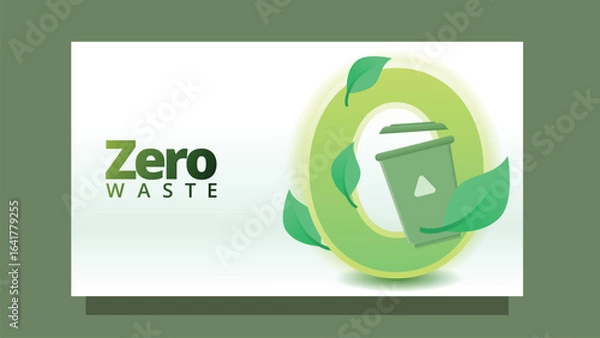 Fototapeta zero waste concept. empty trash bin and leves and zero text. modern clean style screen size template for web or presentation vector illustration
