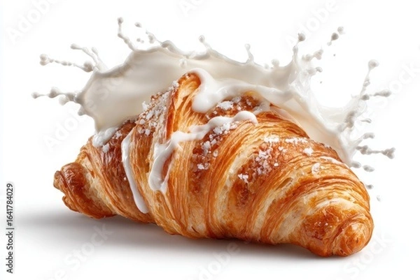 Fototapeta Delicious croissant with milk splash creating an appetizing breakfast scene in a kitchen setting