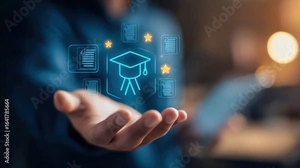 Fototapeta Online Education Concept: Hand Presenting Glowing Graduation Cap Icon and E-learning Documents