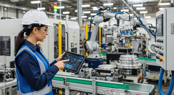 Obraz Female engineer monitoring robotic assembly line with tablet in high-tech manufacturing facility