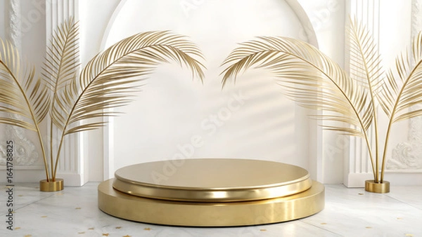 Fototapeta aesthetic golden podium with golden leaves as a background for product display