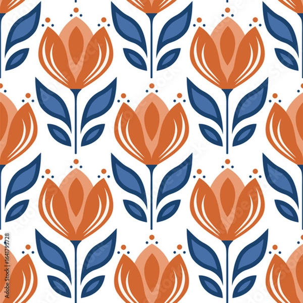Fototapeta Seamless floral pattern with abstract tulips and leaves in terracotta and blue. Folk and Scandinavian style. Vector illustration. Design for textiles, wallpapers, packaging, and digital backgrounds.