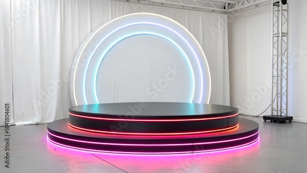 Fototapeta empty podium on stage for product display. neon podium