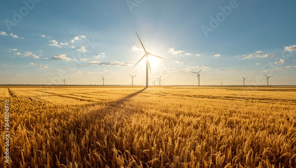 Fototapeta Wind Turbines in Golden Wheat Fields at Sunset