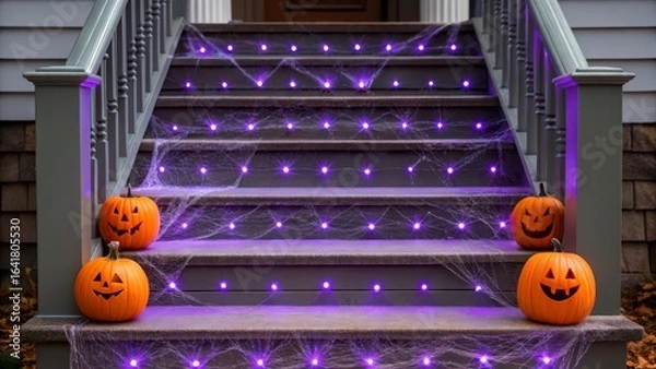 Fototapeta Festively Decorated Stairs with Pumpkin Lanterns and Purple Lights for Halloween Celebration