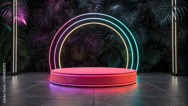 Fototapeta a funky podium with neon lights for product mockups. podium wallpaper for product display