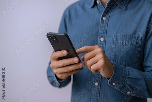 Fototapeta Man Using Smartphone: Focus on Mobile Technology and Digital Lifestyle in Blue Denim Shirt